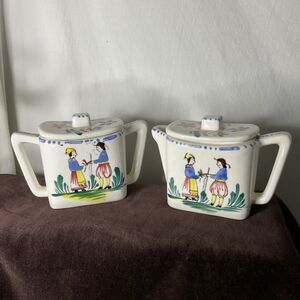 MORIYAMA Sugar Creamer Hand Painted Man Woman Provincial 1940's JAPAN MM Logo